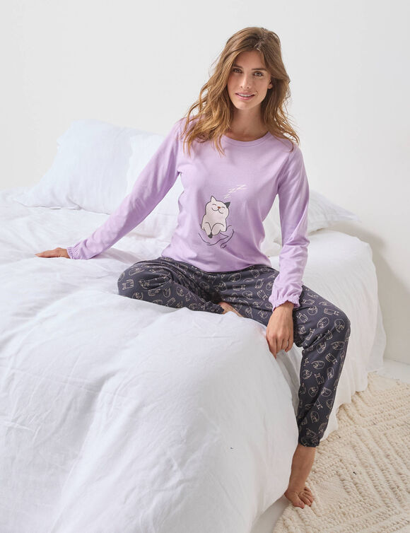 Pyjama met &bdquo;poezenmotief&ldquo; en lange mouwen met ruches (parma / grijs)