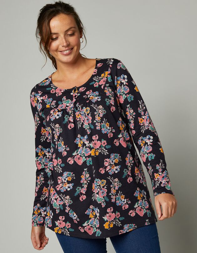 Tunique col rond imprimé fleurs, maille jersey (marine)