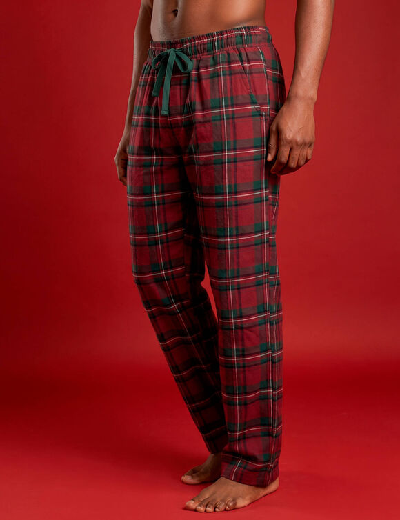 Pyjama pantalon homme, esprit No&euml;l en coton flanelle, avec son pochon (rouge / vert)