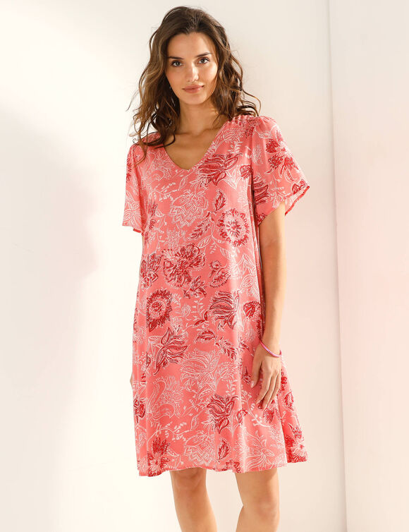 Robe col V manches courtes, voile jacquard imprim&eacute; (koraal)