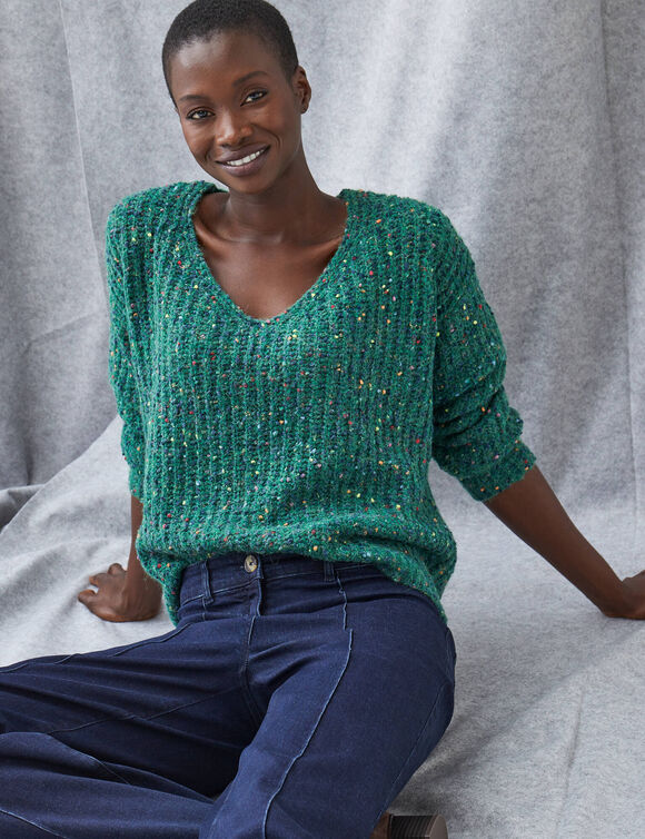 Pull col V volume loose, maille anglaise moulin&eacute;e (vert / multicolore)