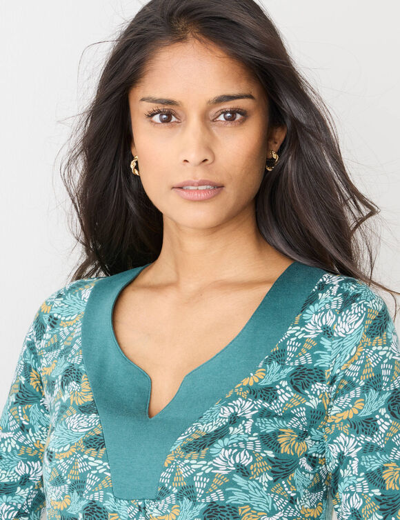 Tunique col V imprimée, manches 3/4 (vert / miel)