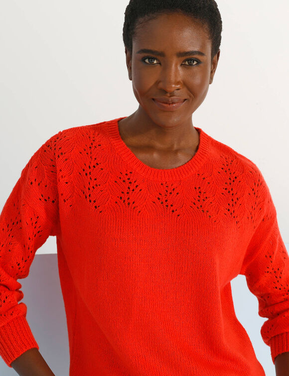 Pull manches blousantes, maille ajourée (orange)