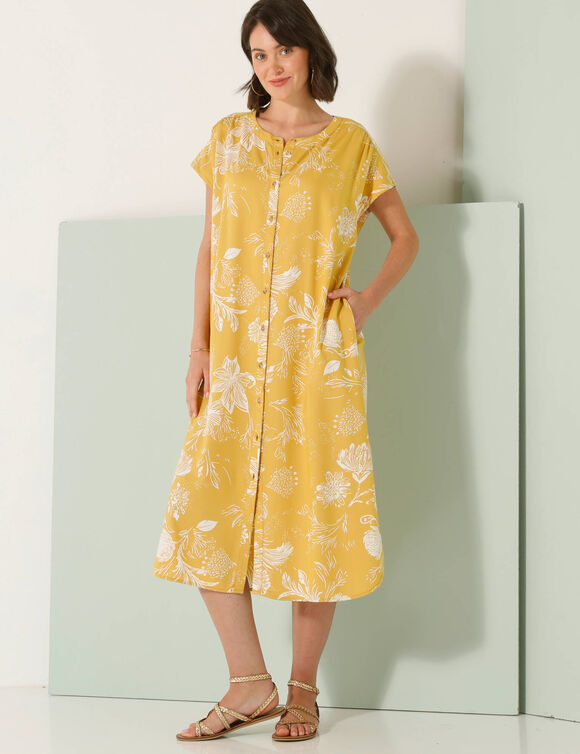 Robe longue boutonnée imprimé végétal, fluide (curry / écru)