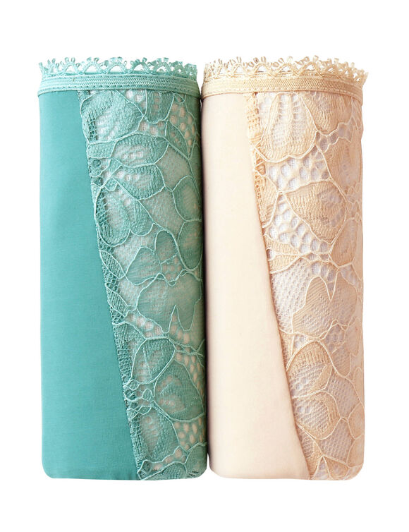 Culotte microfibre et dentelle stretch forme tanga taille haute - lot de 2 (bleu + nude)