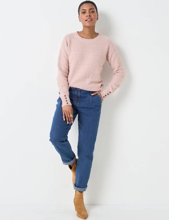 Pull col rond, maille poilue fantaisie (rose poudré)