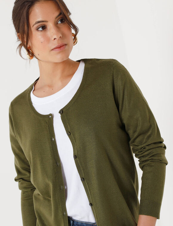 Cardigan boutonné col rond uni, toucher doux (kaki)