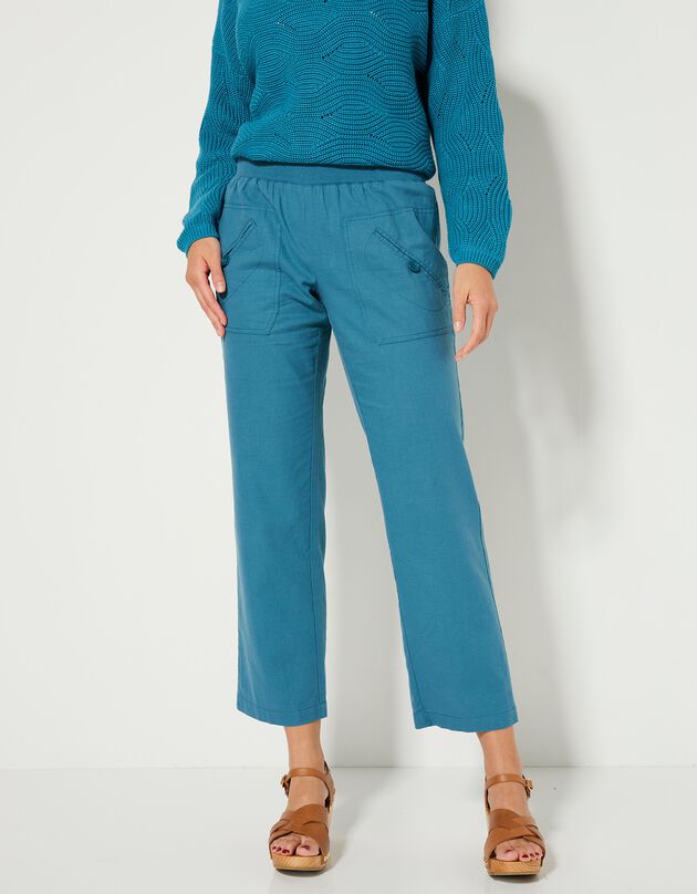 Pantalon coupe droite 7/8ème taille élastiquée, lin coton (bleu paon)