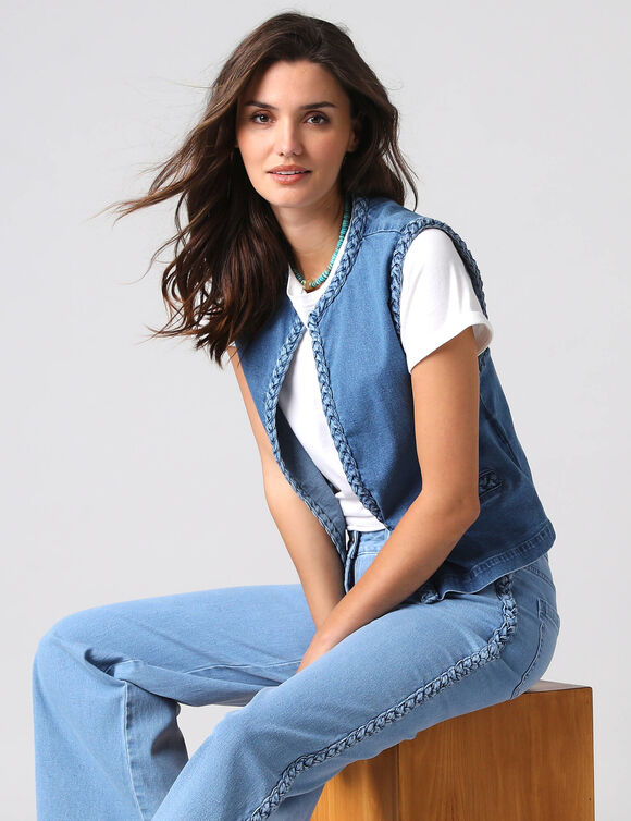 Veste sans manches jean tress&eacute; (bleached)