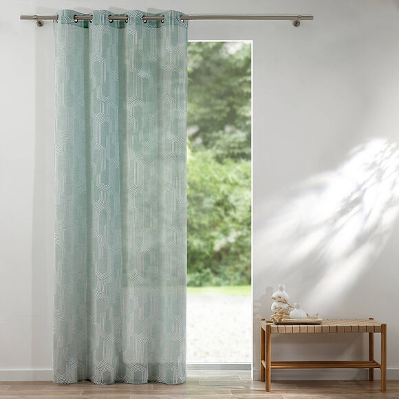 Voilegordijn met geometrisch motief - met oogringetjes (celadon)