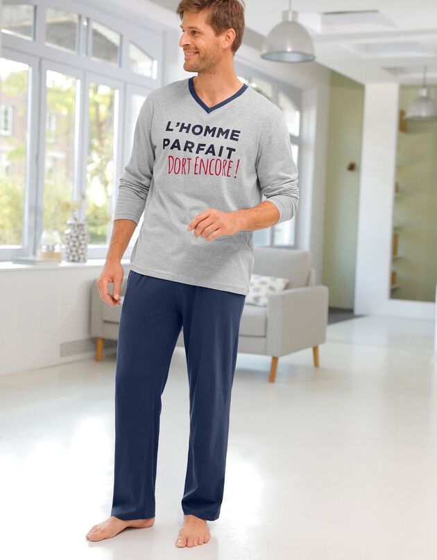 Pyjama pantalon à message col V manches longues (gris chiné / marine)