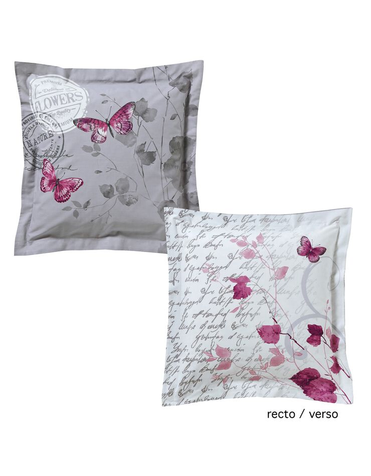 Linge de lit Célestine en coton imprimé fleurs et papillons, gris / parme, hi-res image number 2