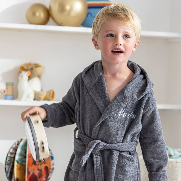 Personaliseerbare badjas voor kinderen, wasbeer  (grijs)