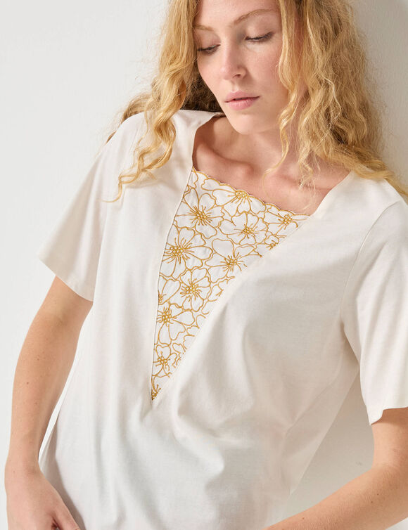 T-shirt boite brodé, manches courtes amples (écru)