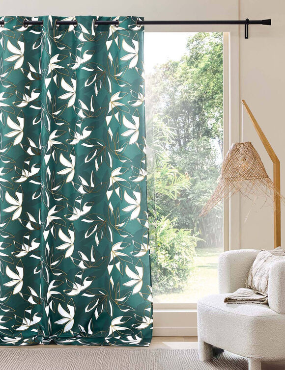 Rideau motif feuillage, d&eacute;tails m&eacute;tallis&eacute;s (&eacute;meraude / dor&eacute;)