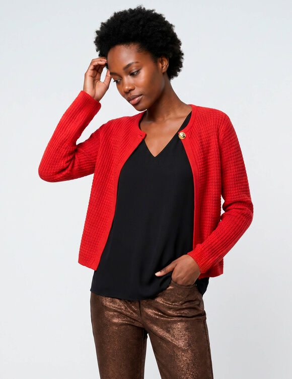 Gilet fa&ccedil;on veste, maille fantaisie (rouge)