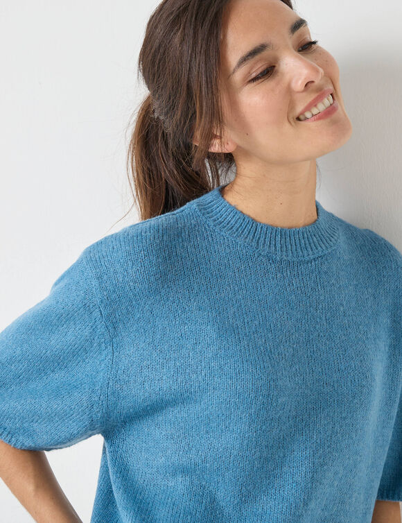 Pull loose manches coudes, laine et mohair m&eacute;lang&eacute;s (bleu glacier)