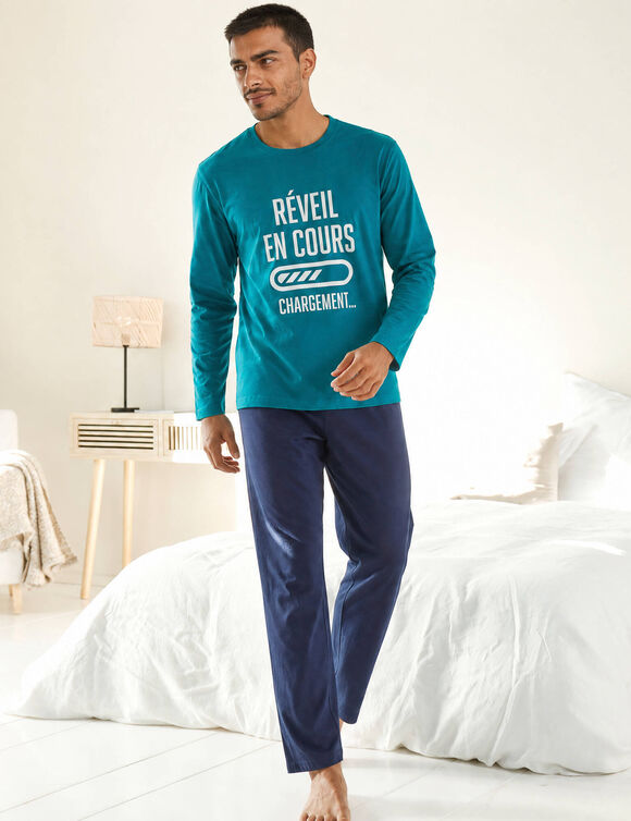 Pyjama col rond &agrave; message (bleu canard / marine)