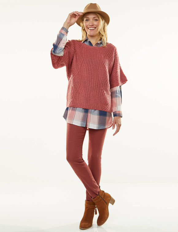 Pull poncho manches coudes, maille anglaise et torsades (tomette)