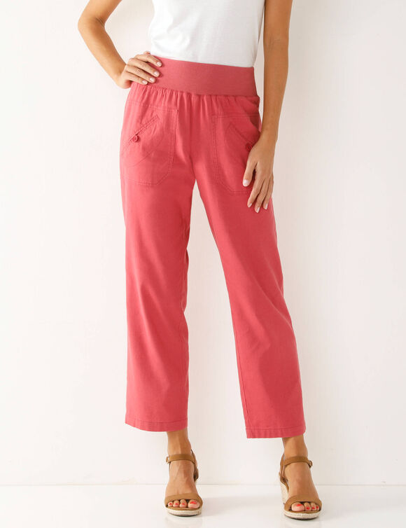 Pantalon coupe droite 7/8ème taille élastiquée, lin coton (framboise)