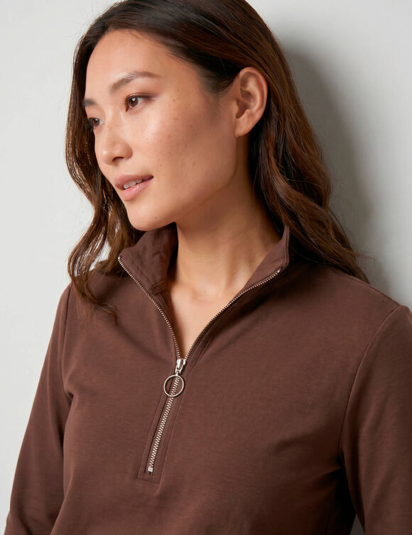 Effen T-shirt met hoge kraag en ritssluiting, lange mouwen (chocolade)