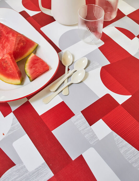 Tafellaken in toile cirée met duo patchwork print (grijs / rood)