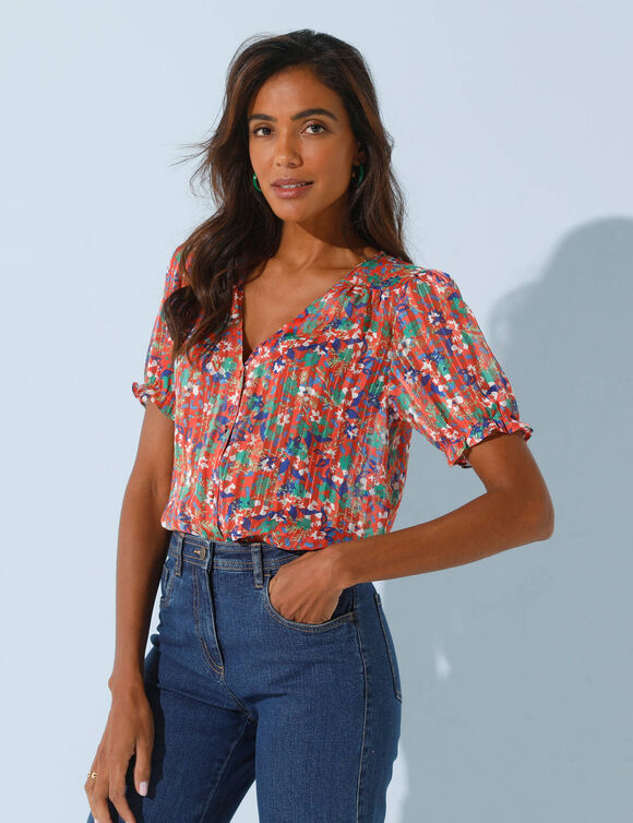 Chemisier boutonné manches blousantes imprimé, voile jacquard (pêche)