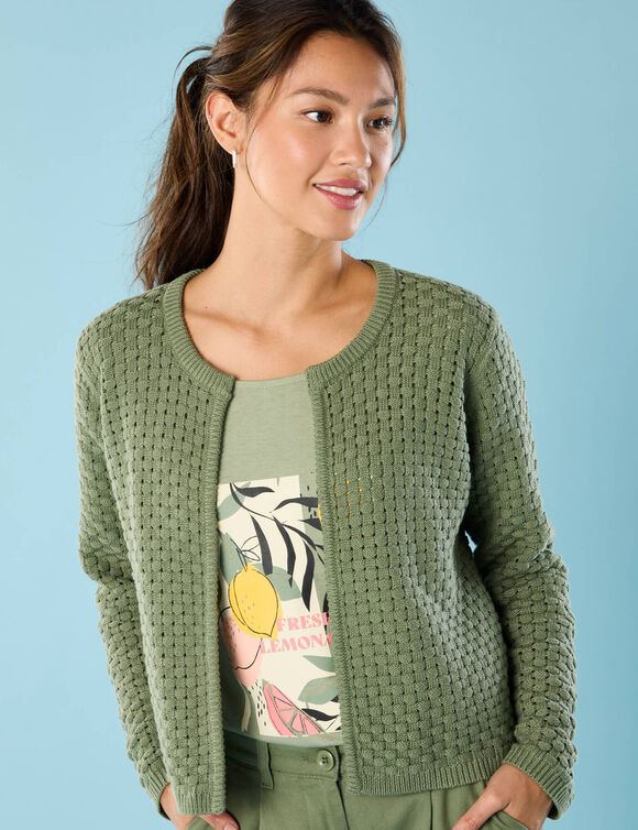 Gilet paletot maille fantaisie,  Spécial Petites (vert tilleul)