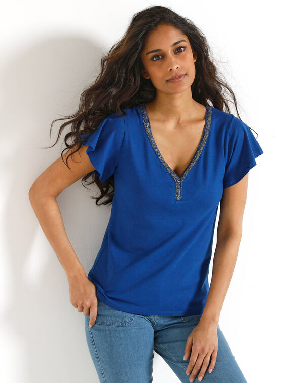 T-shirt in effen tricot met goudkleurige V-hals (felblauw)