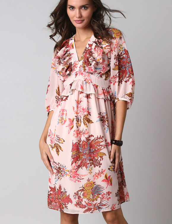 Robe courte volant&eacute;e &agrave; manches 3/4 ballon, voile imprim&eacute; fleuri (&eacute;cru / corail)