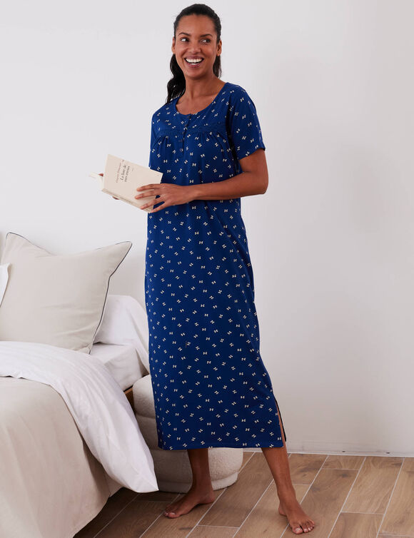 Chemise de nuit longue manches courtes imprimé nœuds (marine)