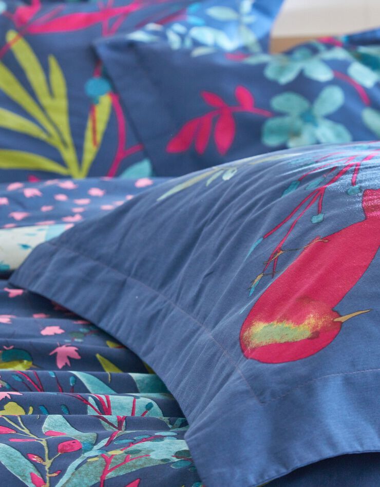 Linge de lit Betty en coton à motifs fleurs et oiseaux, bleu, hi-res image number 3