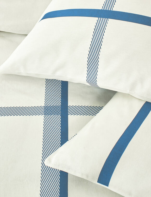 Linge de lit C&eacute;sar en coton imprim&eacute; carreaux (&eacute;cru / marine)