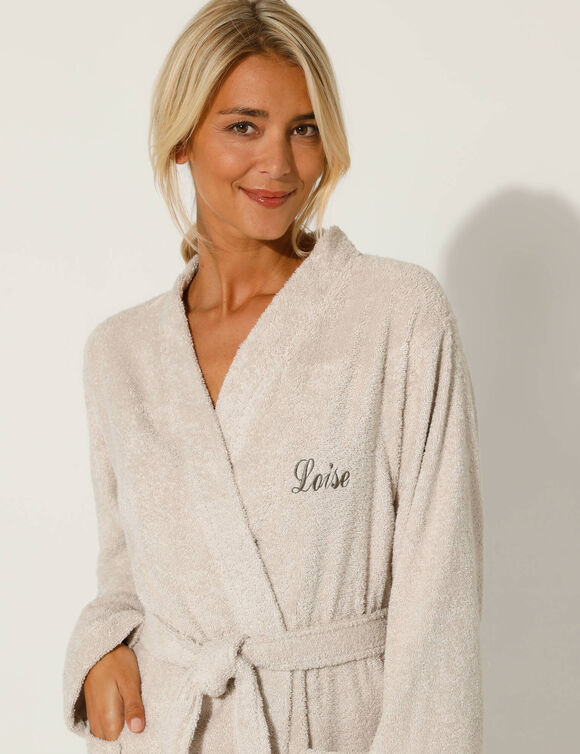 Effen badjas voor volwassenen met kimono-kraag, gepersonaliseerd &ndash; lusjesbadstof 380 g/m&sup2; (zandkleur)