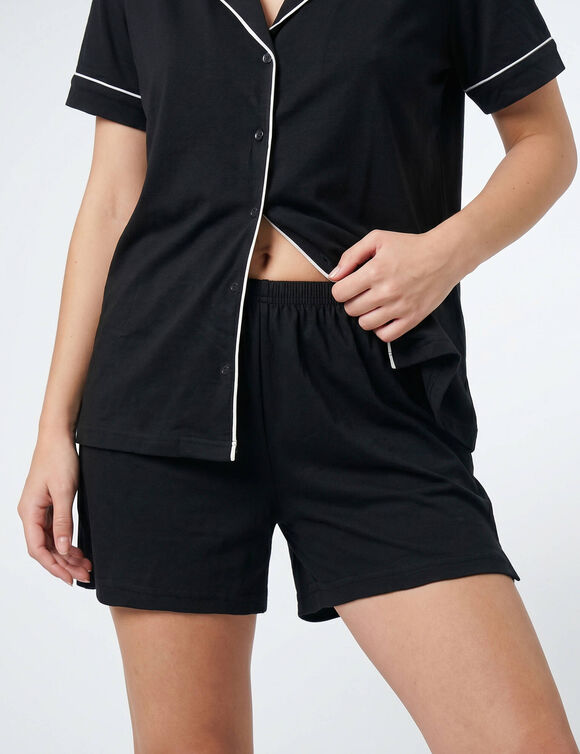 Pyjama short col tailleur en coton&nbsp;&agrave; liser&eacute; contrast&eacute; (noir)