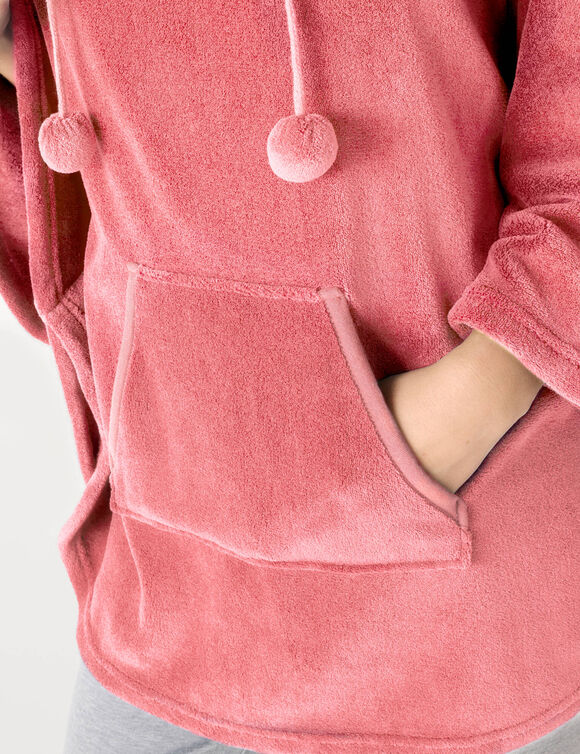 Poncho &agrave; capuche, maille polaire toucher peluche (rose poudr&eacute;)