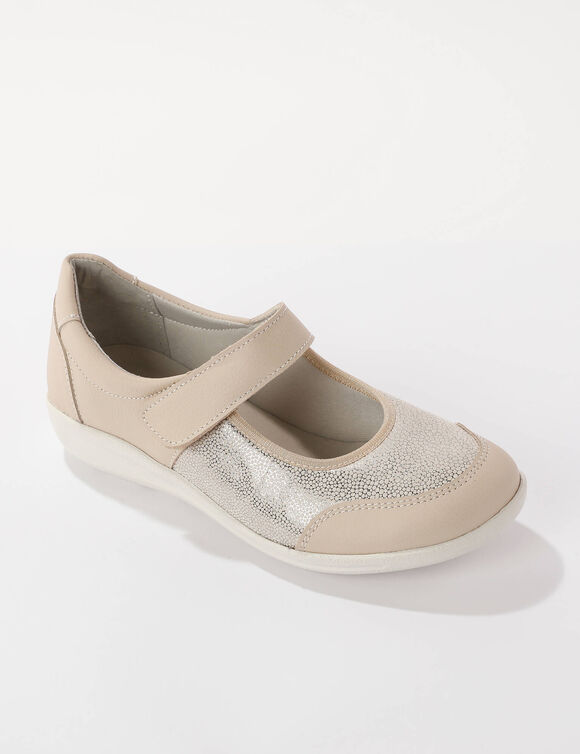 Brede schoenen met riempjes, in leer met rekbare pasjes (beige)