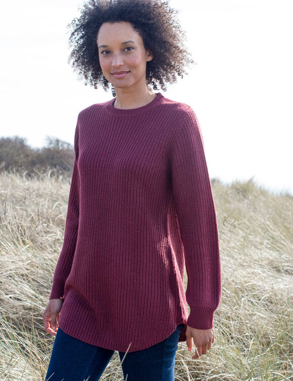 Pull tunique &eacute;vas&eacute; col rond, maille anglaise (bordeaux)