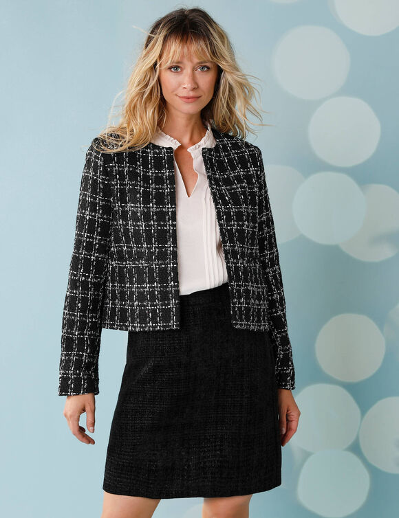 Veste tweed spécial Petites manches longues à carreaux (noir)