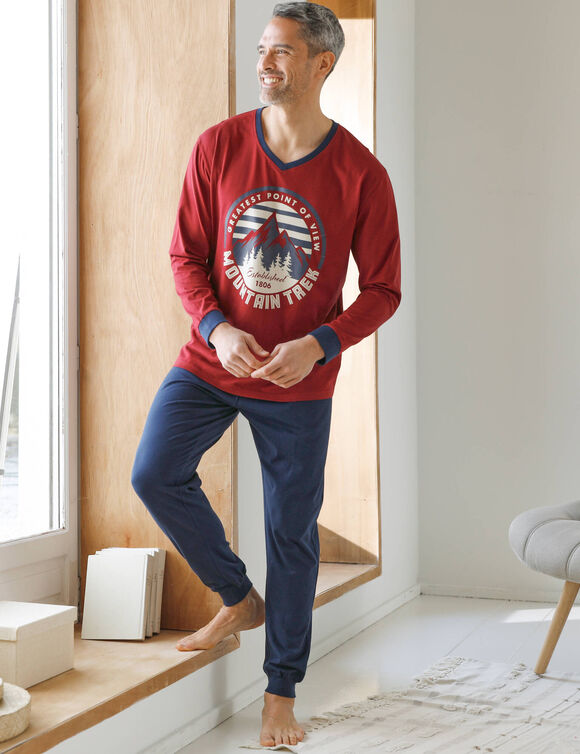 Pyjama pantalon jersey, col V contrast&eacute; (brique / marine)