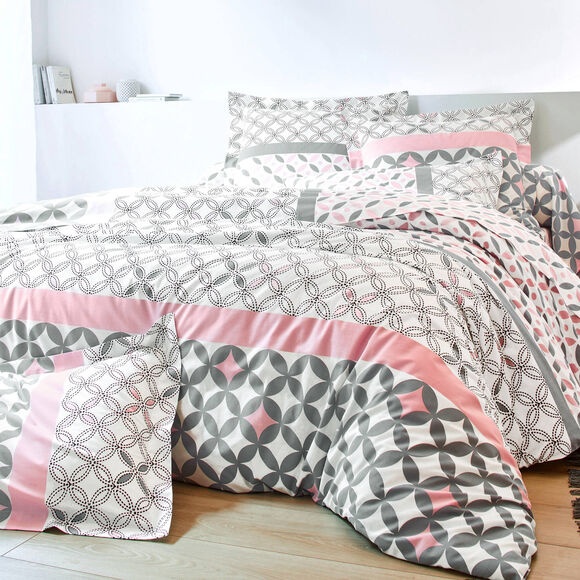 Linge de lit Marlow en coton motifs g&eacute;om&eacute;triques (gris / rose)