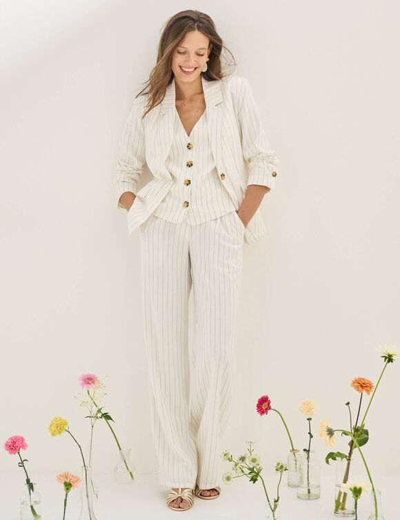 Pantalon large fluide ray&eacute;, viscose-lin (blanc cass&eacute;)