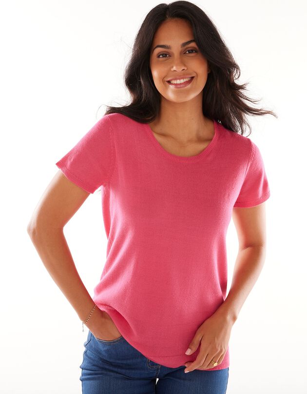 Pull uni manches courtes toucher cachemire (rose fuchsia)