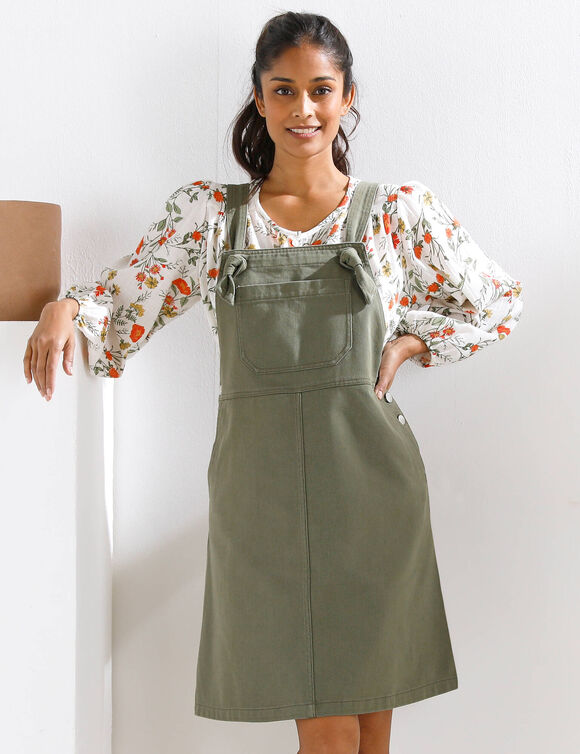 Robe salopette &eacute;vas&eacute;e, bretelles &agrave; nouer (kaki)