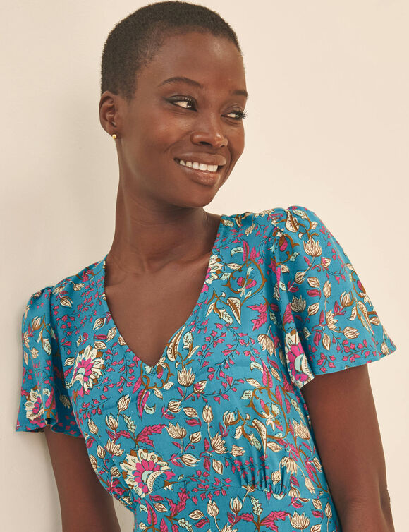 Robe longue col V imprim&eacute;e, manches papillon (bleu / rose)