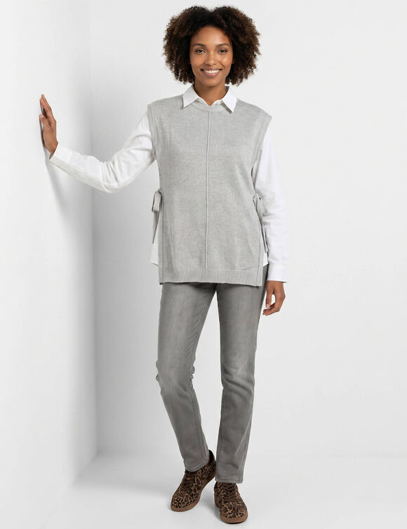 Pull tunique manches courtes avec liens &agrave; nouer, toucher doux (gris)