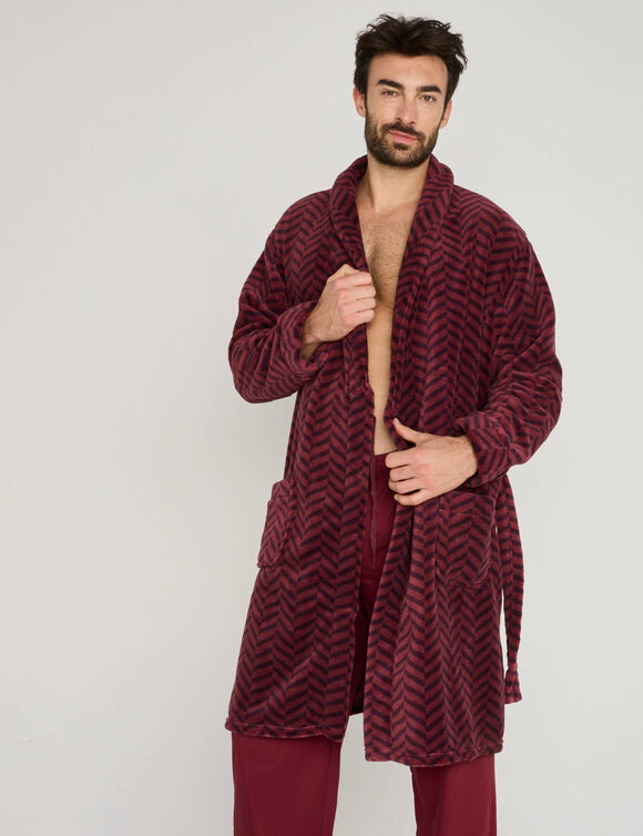 Robe de chambre polaire toucher peluche imprim&eacute; chevrons (bordeaux)