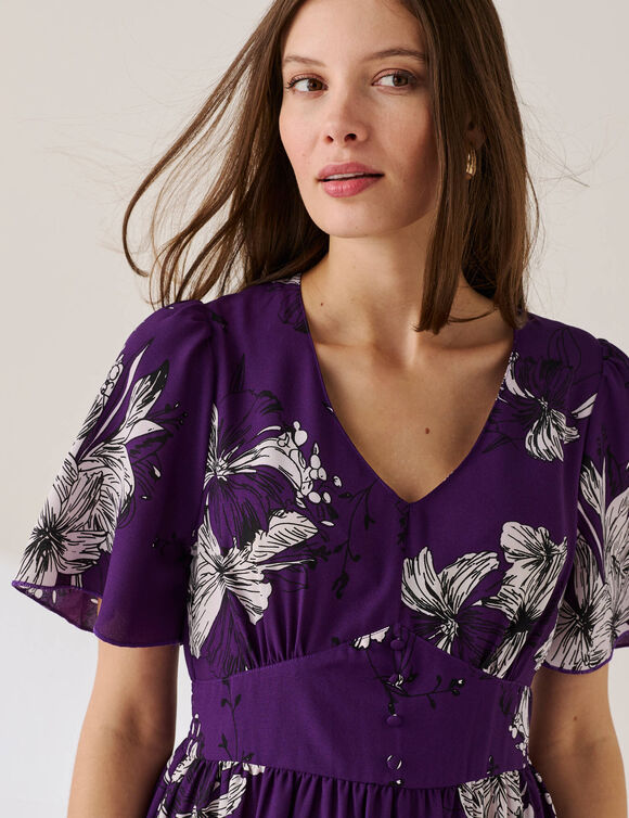Robe longue imprim&eacute;e, manches &eacute;vas&eacute;es  (violet fonc&eacute;)