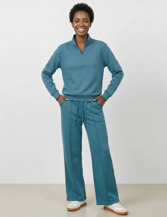 Sweat col montant zipp&eacute;, manches longues, maille milano (bleu)