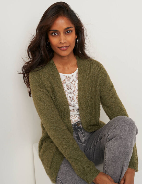 Gilet long, maille poilue (kaki)